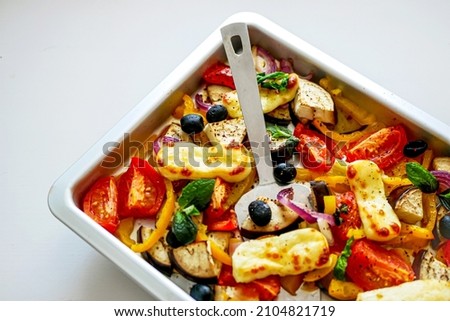 Grilled Halloumi Cheese with Baked Vegetables, Sheet Pan  Vegetables 