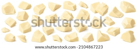 Broken white chocolate set isolated on white background. Pieces of irregular shape for package design. Elements with clipping path Royalty-Free Stock Photo #2104867223