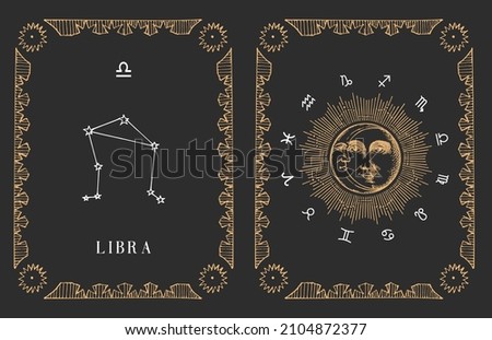 Libra zodiac constellation on black background, drawn horoscope card in engraving style. Vintage illustration of astrological sign with Sun and Crescent in vector.