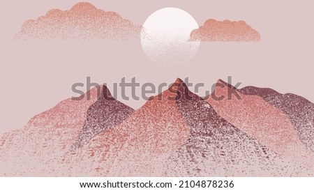 Mountain silhouettes with sun. Peaks in sunset. Brush strokes. Fog over mountain landscape . Summit and sunset logo .Vector