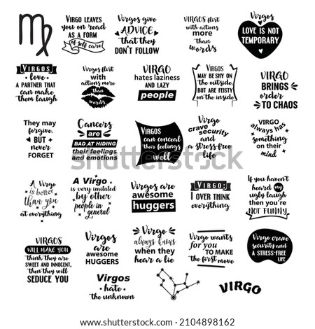 Lettering quotes about Zodiac sign Virgo. Funny quotes. Doodle hand drawn design elements for cards, posters, prints t-shirts