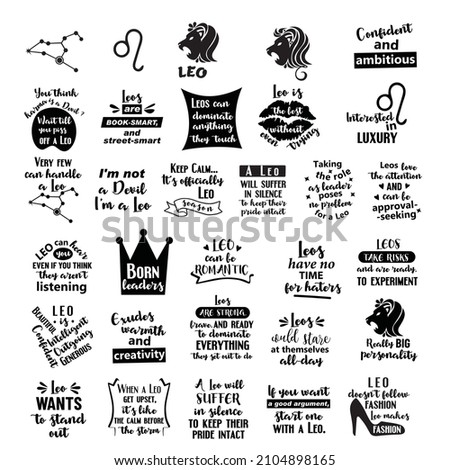 Lettering quotes about Zodiac sign Leo. Funny quotes. Doodle hand drawn design elements for cards, posters, prints t-shirts