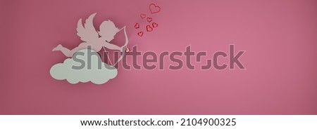 Cupid holds an arrow with a shadow on a pink background with copy space. Design with hearts, clouds and Cupid. Paper art style 3d render