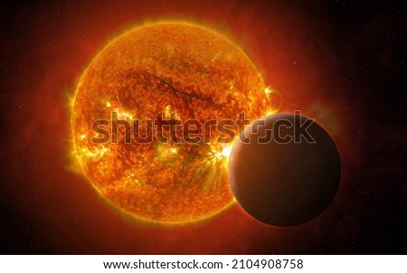 View of the planet Mercury and Sun from space. Mercury - solar system planet. Terrestrial planets. Sci-fi background. Elements of this image furnished by NASA.  Royalty-Free Stock Photo #2104908758