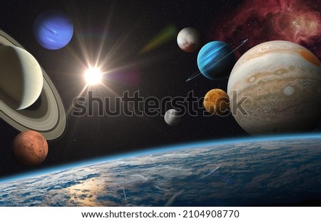 Earth and solar system planets, sun and star. Sun, Mercury, Venus, Earth, Mars, Jupiter, Saturn, Uranus, Neptune, Pluto. Sci-fi background. Elements of this image furnished by NASA.  Royalty-Free Stock Photo #2104908770