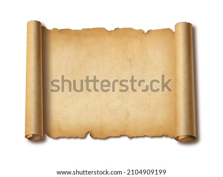 Old mediaeval paper sheet. Horizontal parchment scroll isolated on white background with shadow Royalty-Free Stock Photo #2104909199