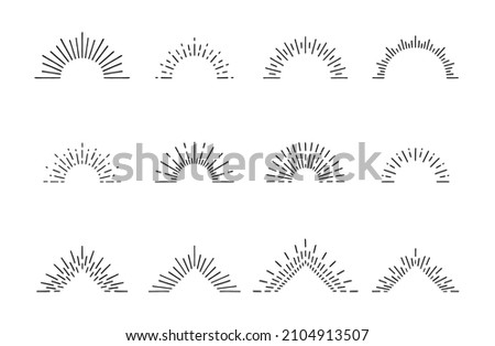isolated black doodle sun rays, a set of vintage hand-drawn design elements, halves of the rising sun, explosion, fireworks, vector illustration for logo, emblem, tag, stamp, banner