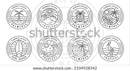set of tropical island and palm tree logo line art vector illustration template icon graphic design. bundle collection of various paradise icon with typography circle badge 