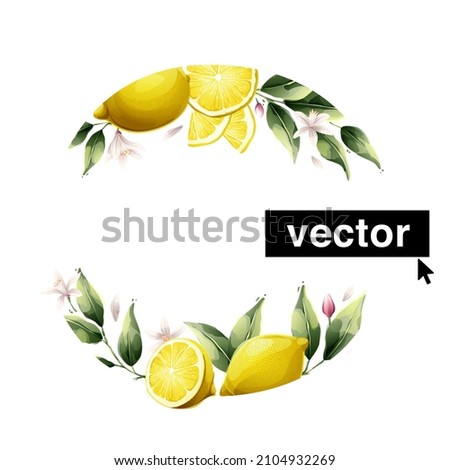 Vector lemon wreath watercolor style illustration. Set of green leaves, flowers, buds, and branches. Citrus fruit slices and splashing juice arrangements.