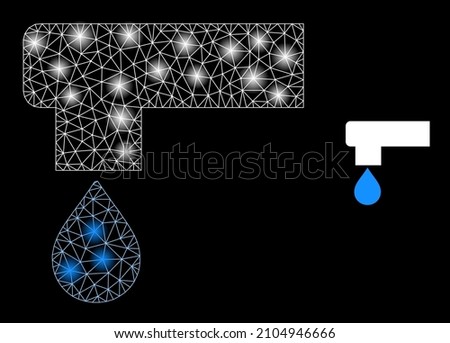Glowing net kitchen tap web icon with glowing spots. Illuminated model done from kitchen tap vector icon. Illuminated carcass web polygonal kitchen tap, on a black background.