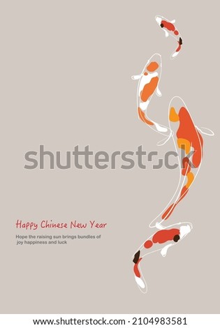 Chinese New Year greeting card design with Japanese koi fishes. Vector illustration, simple sketch drawing style
