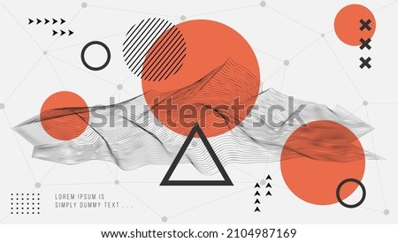 Flat abstract glitched generative art background with neo Memphis geometric composition. Conceptual illustration of high-tech cyberpunk technologies of the future. Wireframe background Royalty-Free Stock Photo #2104987169