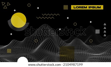 Flat abstract glitched generative art background with neo Memphis geometric composition. Conceptual illustration of high-tech cyberpunk technologies of the future. Wireframe background Royalty-Free Stock Photo #2104987199