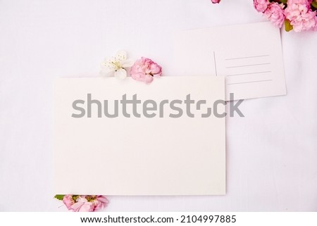 Spring delicate post card with place for address and stationery card mock up with pink and white flowers. Woman's day, invitation, romantic, wedding, birthday, Mother's day card concept. Copy space