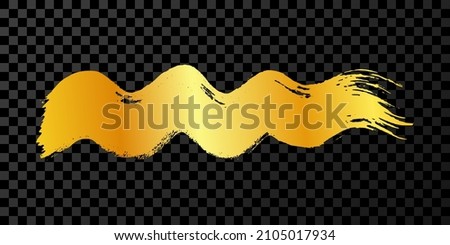 Gold wavy grunge brush stroke. Painted ink stripe. Ink spot isolated on dark transparent background. Vector illustration