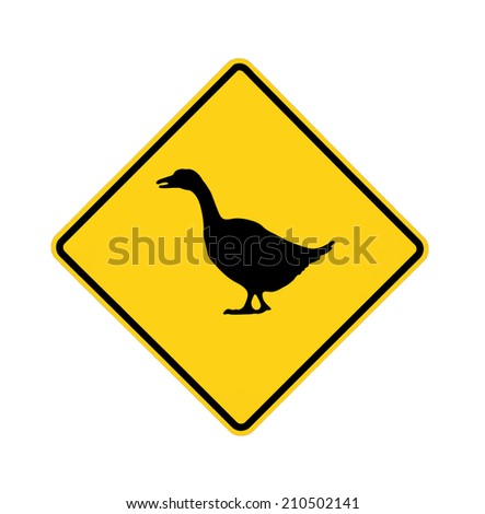 Yellow road sign with goose on black, with path