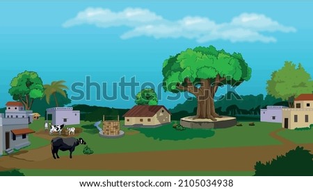 Indian Village Background Illustration, village surrounded by mountains Royalty-Free Stock Photo #2105034938