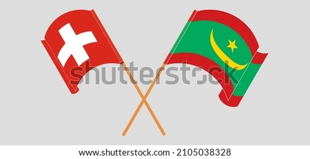 Crossed and waving flags of Switzerland and Mauritania. Vector illustration

