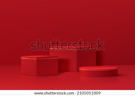 Realistic dark red and gold 3D geometric pedestal podium set in abstract red room. Minimal scene for products showcase, Promotion display. Vector platform design. Happy lantern day concept.