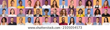 Positive Emotions. Set Of Happy Cheerful Multicultural Group Of People Posing Over Colorful Backgrounds, Photo Collage With Multiple Smiling Faces Of Joyful Men And Women, Panorama