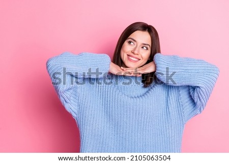 Portrait of attractive winsome cheerful brown-haired girl posing guessing idea plan isolated over pink pastel color background