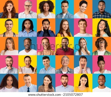 Reaction And Human Emotions Concept. Composite photo collage of group of diverse people with different variety of facial expressions. Mosaic set of smiling excited surprised multicultural society