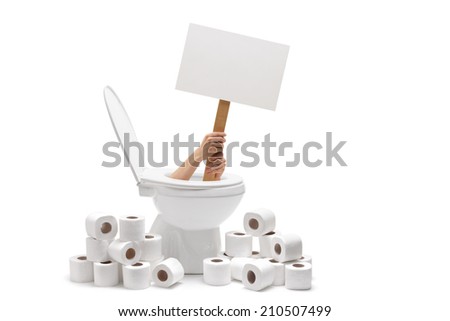Hands holding a blank banner from a toilet with a pile of toilet paper around isolated on white background
