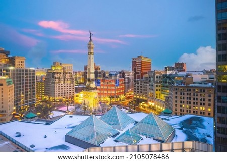 Downtown Indianapolis skyline cityscape of Indiana at twilight in USA