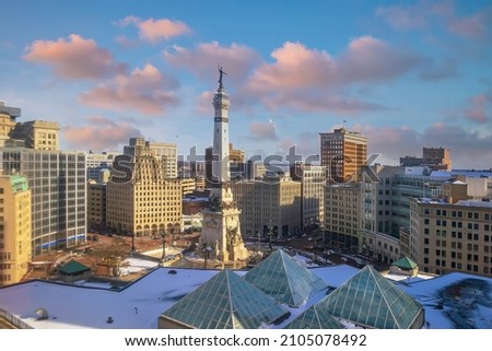 Downtown Indianapolis skyline cityscape of Indiana at sunset in USA