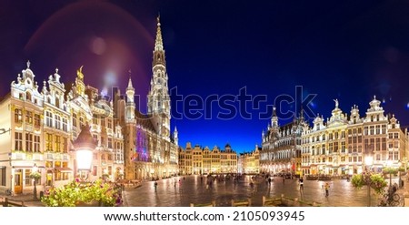 Panorama The Grand Place in Brussels in a beautiful summer nigth, Belgium Royalty-Free Stock Photo #2105093945