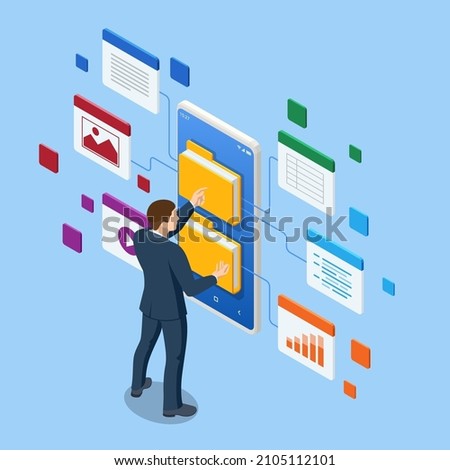 Isometric file in database, document flow management concept. Cloud data storage and remote data access Royalty-Free Stock Photo #2105112101