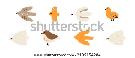 Collection of cartoon birds isolated on white background. Set of flying and sitting abstract birds. Collection of decorative design elements. Flat vector illustration.