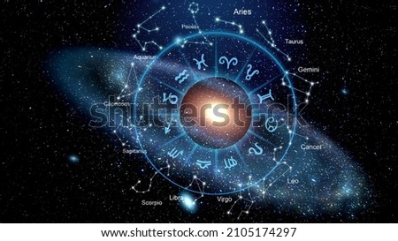 Zodiac signs inside of horoscope circle. Astrology in the sky with many stars horoscopes concept. Royalty-Free Stock Photo #2105174297