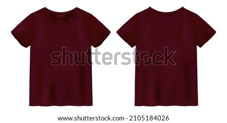 Unisex burgundy color t shirt mock up. T-shirt design template. Short sleeve tee. Front and back views. Vector illustration. Royalty-Free Stock Photo #2105184026