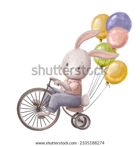 cute party rabbit on the bicycle with air balloons, hand drawn cartoon character, lovely holiday clipart good for card and print design