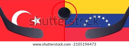 Top view hockey puck with Turkey vs. Venezuela command with the sticks on the flag. Concept hockey competitions