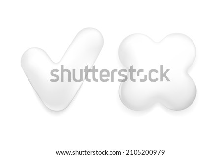 Approve and reject badges in cartoon 3d plastic style, isolated on white background. Vector illustration 3d volumetric approve and reject buttons.