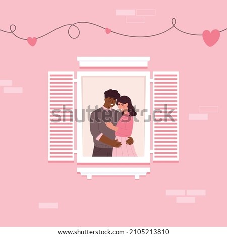 Cute diversity couple hugging at apartment window. Happy Valentine's Day. Couple in love. Man and woman embracing each other. Perfect match. Couple's day. Banner. White background. 