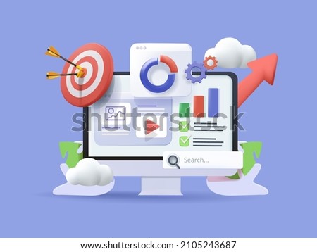 SEO Optimization, web analytics and seo marketing social media concept. 3d vector illustration. Web analytics design , SEO optimization. Marketing social media concept. Strategy and Planing website Royalty-Free Stock Photo #2105243687