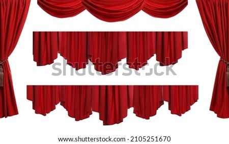 Set with beautiful red curtains on white background Royalty-Free Stock Photo #2105251670