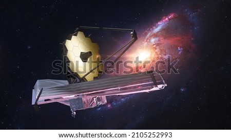 JWST in outer space. James Webb telescope far galaxy explore. Sci-fi space collage. Astronomy science. Elemets of this image furnished by NASA Royalty-Free Stock Photo #2105252993