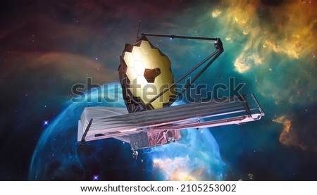 JWST in outer space. James Webb telescope far galaxy explore. Sci-fi space collage. Astronomy science. Elemets of this image furnished by NASA Royalty-Free Stock Photo #2105253002