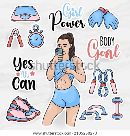 healthy women sticker clip art collections set with girl gym equipment