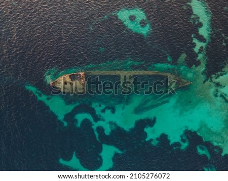 Aerial top down picture of colorful reef and wreck Michelle, Adriatic sea, Dugi Otok, Croatia