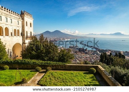 Scenic picture view of the city of Naples Napoli with famous Mount Vesuvius in the background from Certosa di San Martino monastery, Campania, Italy Royalty-Free Stock Photo #2105276987