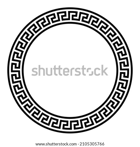 Simple meander pattern, circle frame. Decorative round border, made of lines, shaped into a repeated motif. This style can be found in classical Greece and Rome, also known as Greek key or Greek fret. Royalty-Free Stock Photo #2105305766
