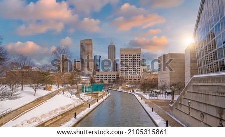 Downtown Indianapolis skyline cityscape of Indiana at sunset in USA