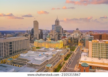 Downtown Indianapolis skyline cityscape of Indiana at twilight in USA
