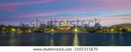 Washington, D.C. city skyline city scape of USA with United States Capitol at sunset