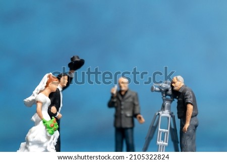 Miniature people Couple live stream marriage ceremony concept , Happy Valentines Day